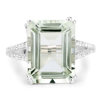 10.64 Carat Genuine Green Amethyst and White Topaz .925 Sterling Silver Ring