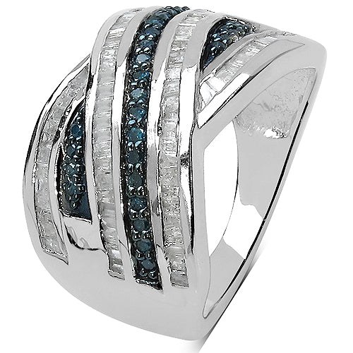 1.02 Carat Genuine Blue Diamond & White Diamond .925 Sterling Silver Ring