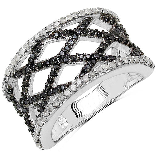 0.92 Carat Genuine Black Diamond & White Diamond .925 Sterling Silver Ring