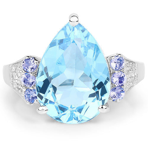 6.86 Carat Genuine Swiss Blue Topaz, Tanzanite & White Topaz .925 Sterling Silver Ring