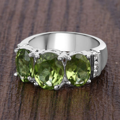 4.14 Carat Genuine Peridot and White Topaz .925 Sterling Silver Ring
