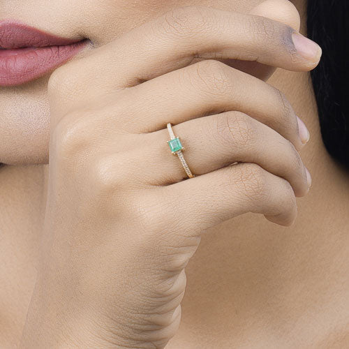 0.59 Carat Genuine Zambian Emerald and White Diamond 14K Yellow Gold Ring