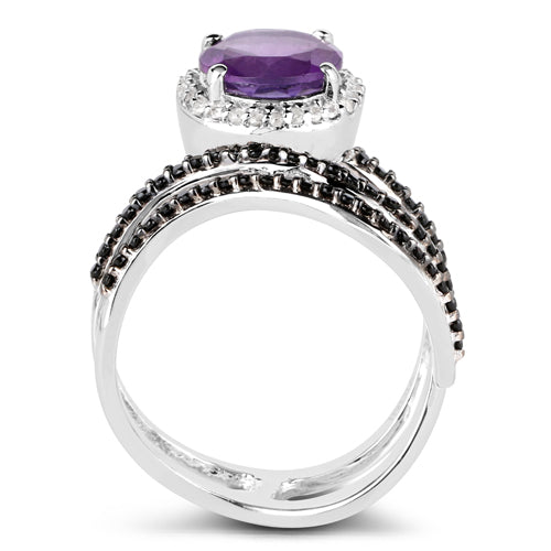 2.31 Carat Genuine Amethyst, Black Spinel and White Diamond .925 Sterling Silver Ring