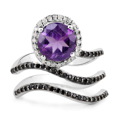 2.31 Carat Genuine Amethyst, Black Spinel and White Diamond .925 Sterling Silver Ring