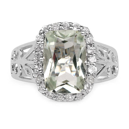 3.94 Carat Genuine Green Amethyst and White Topaz .925 Sterling Silver Ring