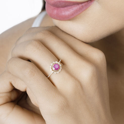 0.68 Carat Genuine Ruby and White Diamond 14K Yellow Gold Ring