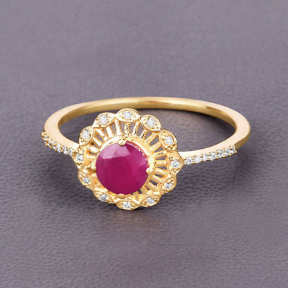 0.68 Carat Genuine Ruby and White Diamond 14K Yellow Gold Ring
