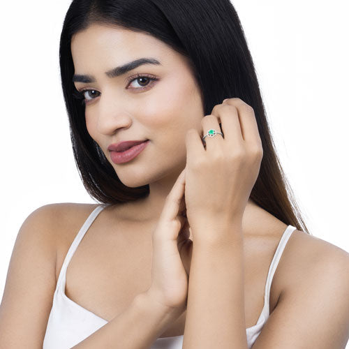 0.55 Carat Genuine Zambian Emerald and White Diamond 14K White Gold Ring