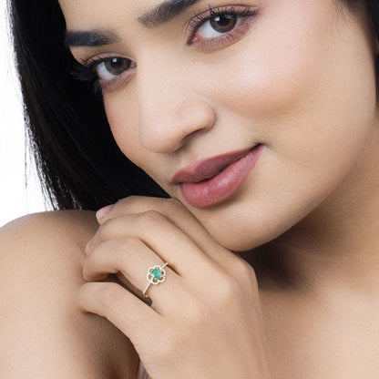 0.55 Carat Genuine Zambian Emerald and White Diamond 14K Yellow Gold Ring