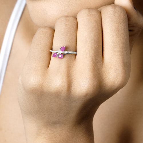 0.68 Carat Genuine Ruby and White Diamond 14K White Gold Ring