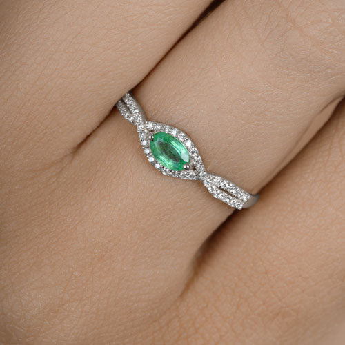 0.32 Carat Genuine Zambian Emerald and White Diamond 14K White Gold Ring