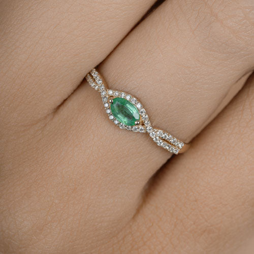 0.32 Carat Genuine Zambian Emerald and White Diamond 14K Yellow Gold Ring