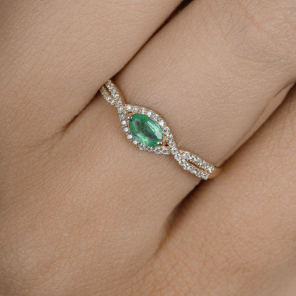 0.32 Carat Genuine Zambian Emerald and White Diamond 14K Yellow Gold Ring
