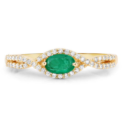 0.32 Carat Genuine Zambian Emerald and White Diamond 14K Yellow Gold Ring