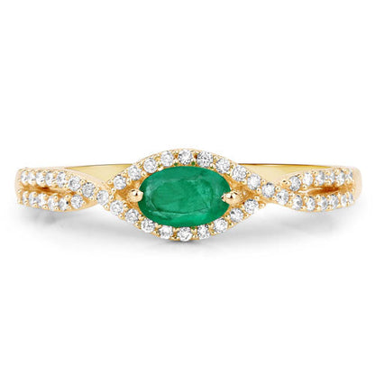 0.32 Carat Genuine Zambian Emerald and White Diamond 14K Yellow Gold Ring