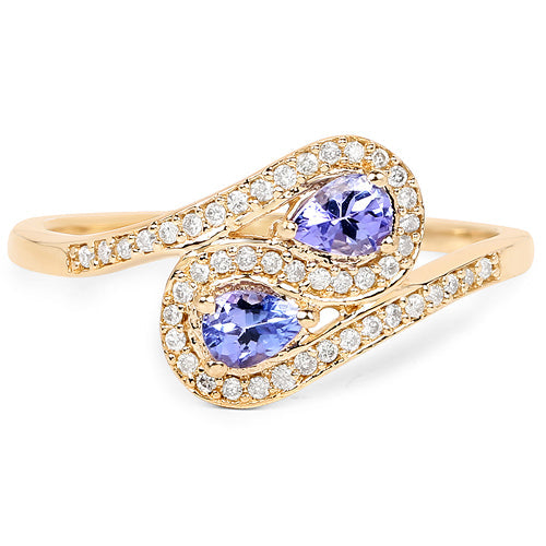 0.42 Carat Genuine Tanzanite and White Diamond 14K Yellow Gold Ring