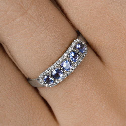 0.61 Carat Genuine Tanzanite and White Diamond 14K White Gold Ring