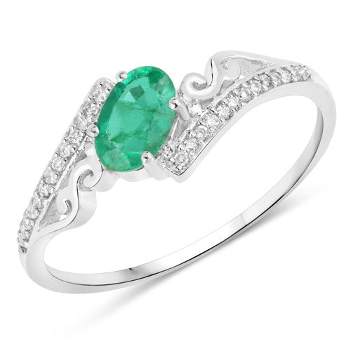 0.51 Carat Genuine Zambian Emerald and White Diamond 14K White Gold Ring