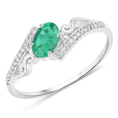 0.51 Carat Genuine Zambian Emerald and White Diamond 14K White Gold Ring