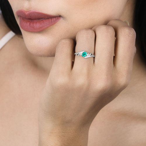 0.51 Carat Genuine Zambian Emerald and White Diamond 14K White Gold Ring