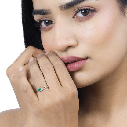 0.51 Carat Genuine Zambian Emerald and White Diamond 14K Yellow Gold Ring