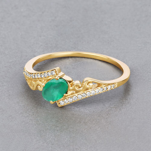 0.51 Carat Genuine Zambian Emerald and White Diamond 14K Yellow Gold Ring
