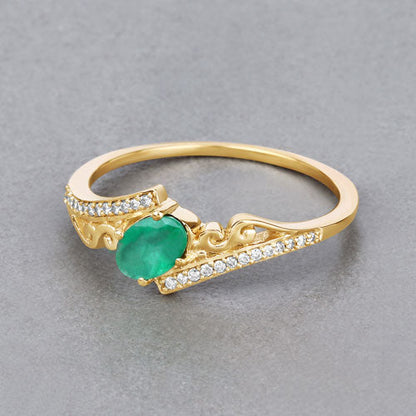 0.51 Carat Genuine Zambian Emerald and White Diamond 14K Yellow Gold Ring