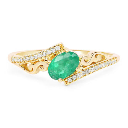 0.51 Carat Genuine Zambian Emerald and White Diamond 14K Yellow Gold Ring
