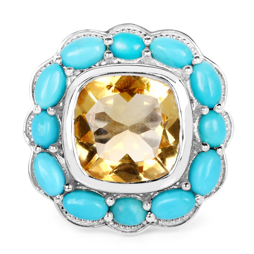 9.26 Carat Genuine Citrine and Turquoise .925 Sterling Silver Ring