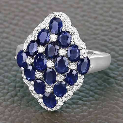 3.48 Carat Genuine Blue Sapphire and White Zircon .925 Sterling Silver Ring
