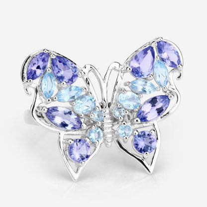 3.60 Carat Genuine Tanzanite and Swiss Blue Topaz .925 Sterling Silver Ring