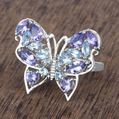 3.60 Carat Genuine Tanzanite and Swiss Blue Topaz .925 Sterling Silver Ring