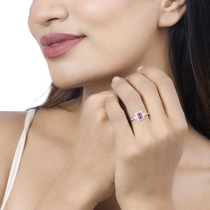 0.75 Carat Genuine Ruby and White Diamond 14K White Gold Ring