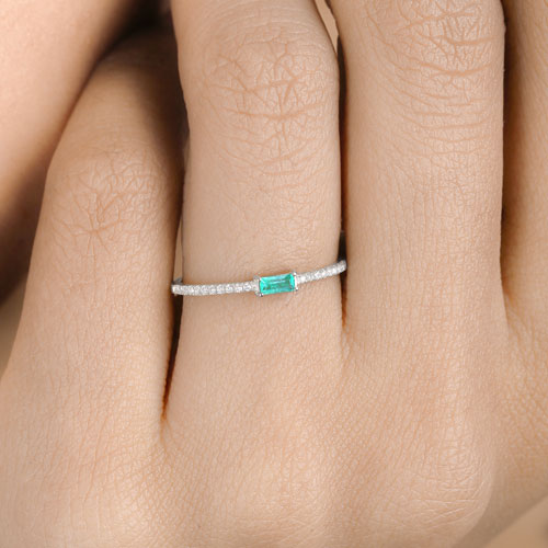 0.18 Carat Genuine Zambian Emerald and White Diamond 14K White Gold Ring