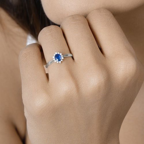 0.44 Carat Genuine Blue Sapphire and White Diamond 14K White Gold Ring