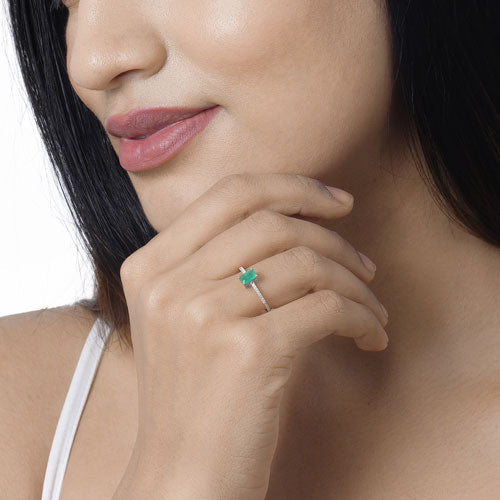 0.67 Carat Genuine Zambian Emerald and White Diamond 14K White Gold Ring