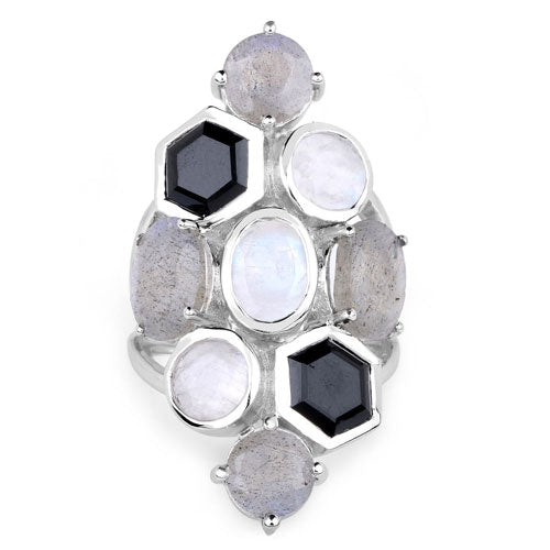 10.30 Carat Genuine White Rainbow Moonstone, Labradorite And Black Onyx .925 Sterling Silver Ring