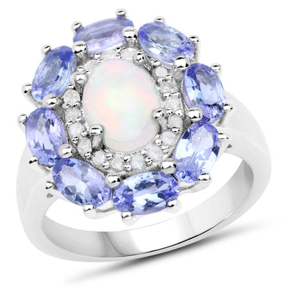 3.05 Carat Genuine Ethiopian Opal, Tanzanite and White Diamond .925 Sterling Silver Ring