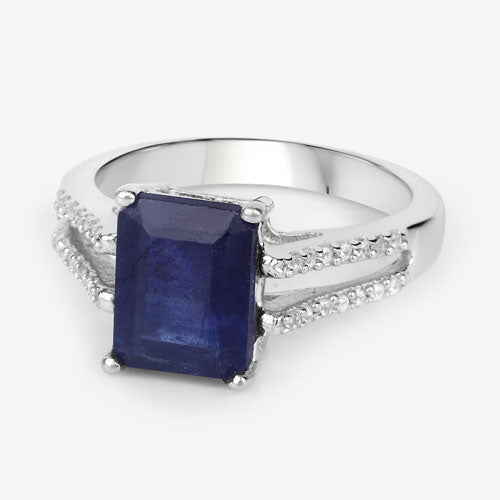 3.07 Carat Glass Filled Sapphire and White Zircon .925 Sterling Silver Ring