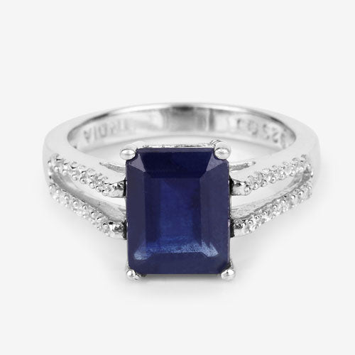 3.07 Carat Glass Filled Sapphire and White Zircon .925 Sterling Silver Ring