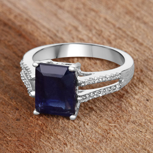 3.07 Carat Glass Filled Sapphire and White Zircon .925 Sterling Silver Ring