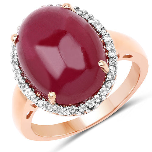 14K Rose Gold Plated 16.69 Carat Genuine Glass Filled Ruby and White Topaz .925 Sterling Silver Ring
