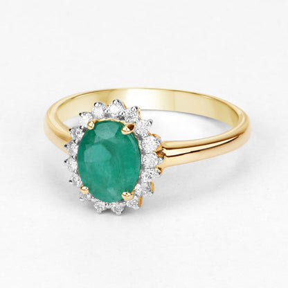 1.39 Carat Genuine Zambian Emerald and White Diamond 10K Yellow Gold Ring