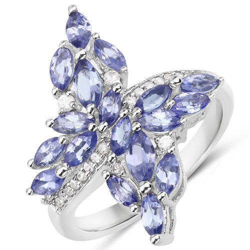 1.73 Carat Genuine Tanzanite and White Zircon .925 Sterling Silver Ring