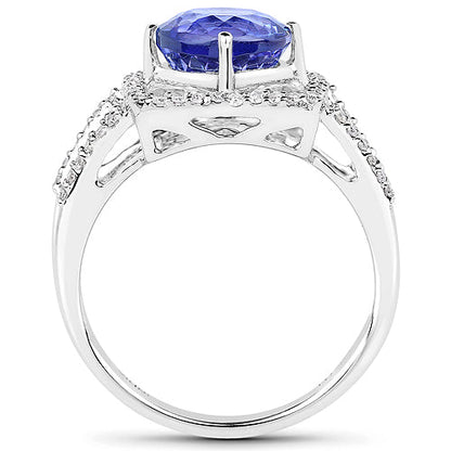 14K White Gold 3.26 Carat Genuine Tanzanite and White Diamond Ring