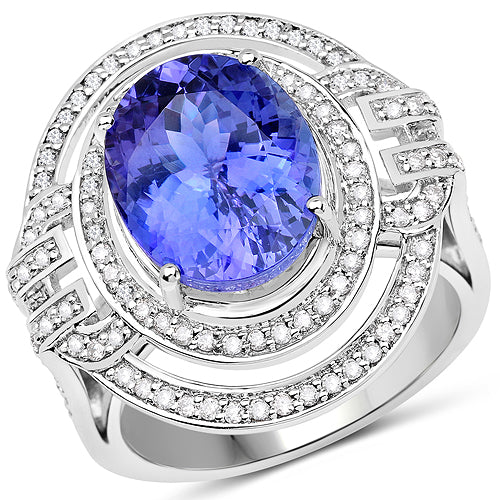 14K White Gold 6.83 Carat Genuine Tanzanite and White Diamond Ring