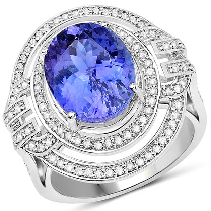 14K White Gold 6.83 Carat Genuine Tanzanite and White Diamond Ring
