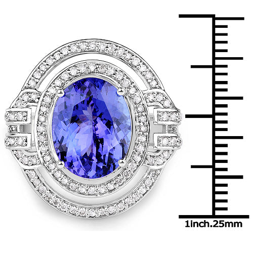 14K White Gold 6.83 Carat Genuine Tanzanite and White Diamond Ring
