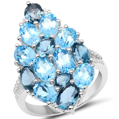 6.69 Carat Genuine Swiss Blue Topaz, London Blue Topaz and White Zircon .925 Sterling Silver Ring