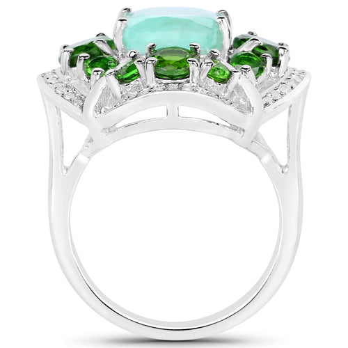 5.49 Carat Genuine Emerald, Chrome Diopside and White Diamond .925 Sterling Silver Ring